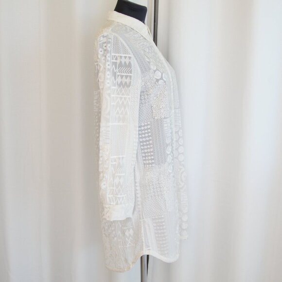 Alice + Olivia Tanisha White Embroidered Patchwork Button Down Tunic Shirt Sz S - Picture 3 of 9